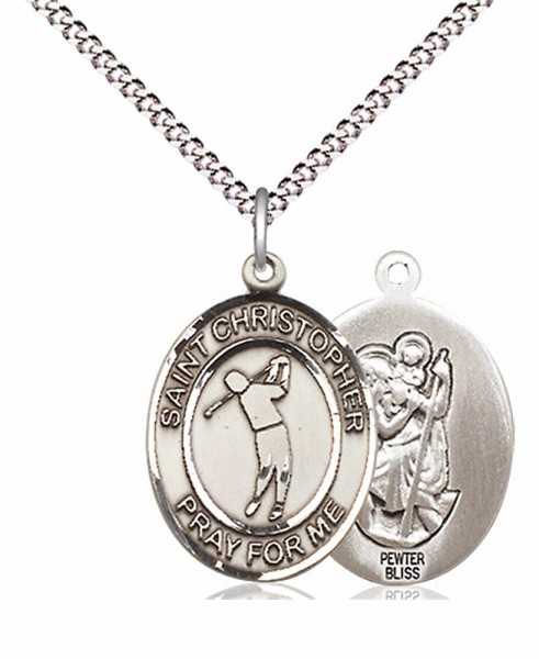 Boy's Pewter Oval St. Christopher Golf Medal - 18&quot; Rhodium Plated Medium Chain + Clasp