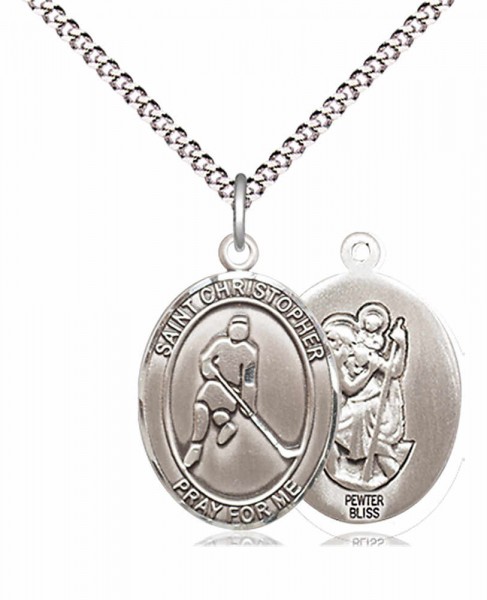 Boy's Pewter Oval St. Christopher Ice Hockey Medal - 18&quot; Rhodium Plated Medium Chain + Clasp