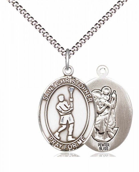Boy's Pewter Oval St. Christopher Lacrosse Medal - 18&quot; Rhodium Plated Medium Chain + Clasp