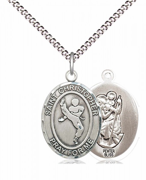 Boy's Pewter Oval St. Christopher Martial Arts Medal - 18&quot; Rhodium Plated Medium Chain + Clasp
