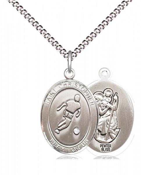 Boy's Pewter Oval St. Christopher Soccer Medal - 18&quot; Rhodium Plated Medium Chain + Clasp