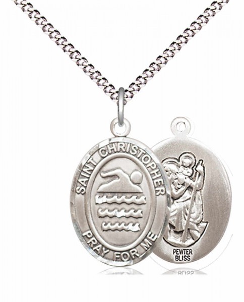 Boy's Pewter Oval St. Christopher Swimming Medal - 18&quot; Rhodium Plated Medium Chain + Clasp