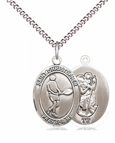 Boy's Pewter Oval St. Christopher Tennis Medal - 18&quot; Rhodium Plated Medium Chain + Clasp