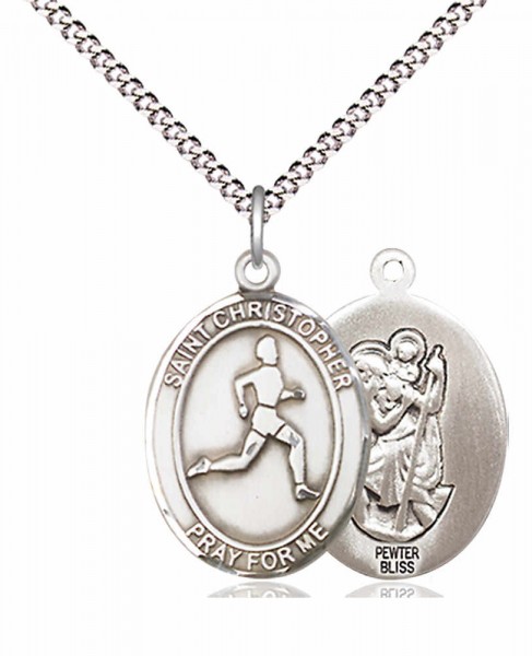 Boy's Pewter Oval St. Christopher Track and Field Medal - 18&quot; Rhodium Plated Medium Chain + Clasp