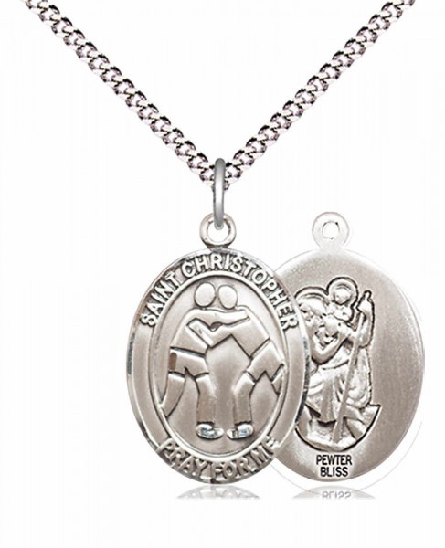 Boy's Pewter Oval St. Christopher Wrestling Medal - 18&quot; Rhodium Plated Medium Chain + Clasp