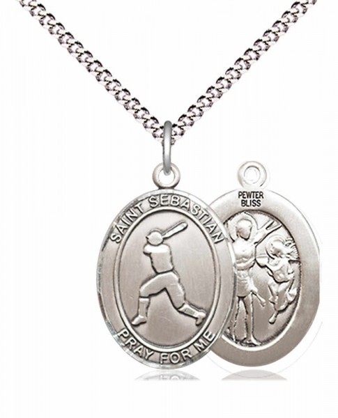 Boy's Pewter Oval St. Sebastian Baseball Medal - 18&quot; Rhodium Plated Medium Chain + Clasp