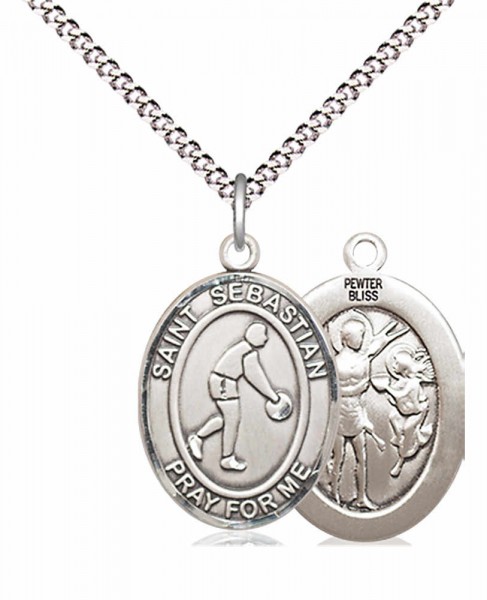 Boy's Pewter Oval St. Sebastian Basketball Medal - 18&quot; Rhodium Plated Medium Chain + Clasp