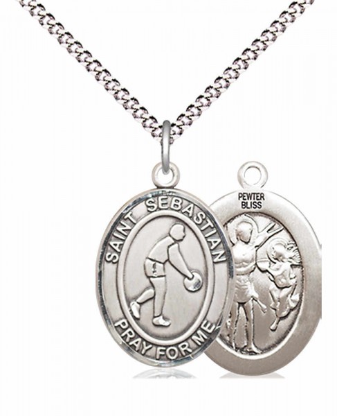 Boy's Pewter Oval St. Sebastian Basketball Medal - 18&quot; Rhodium Plated Heavy Chain + Clasp