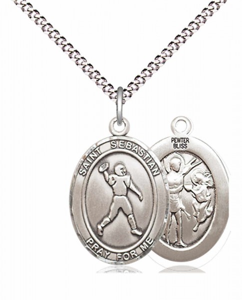 Boy's Pewter Oval St. Sebastian Football Medal - 18&quot; Rhodium Plated Medium Chain + Clasp