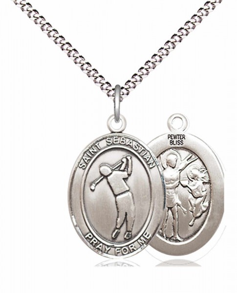 Boy's Pewter Oval St. Sebastian Golf Medal - 18&quot; Rhodium Plated Medium Chain + Clasp