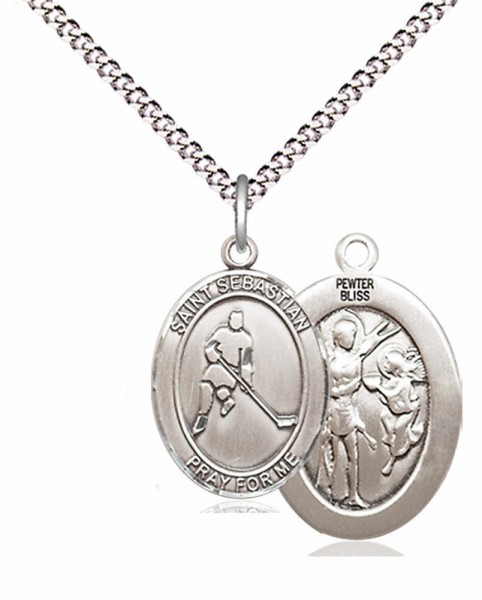 Boy's Pewter Oval St. Sebastian Ice Hockey Medal - 18&quot; Rhodium Plated Medium Chain + Clasp