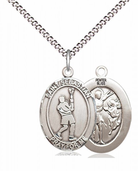 Boy's Pewter Oval St. Sebastian Lacrosse Medal - 18&quot; Rhodium Plated Medium Chain + Clasp