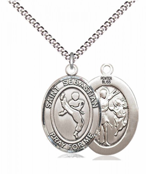 Boy's Pewter Oval St. Sebastian Martial Arts Medal - 18&quot; Rhodium Plated Medium Chain + Clasp
