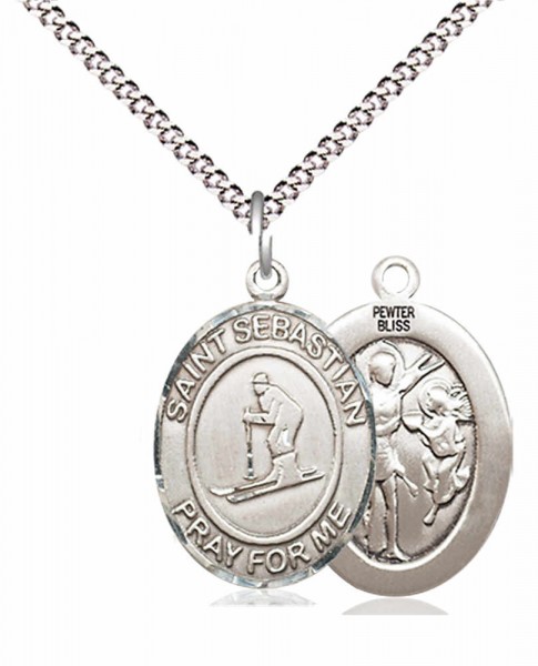 Boy's Pewter Oval St. Sebastian Skiing Medal - 18&quot; Rhodium Plated Medium Chain + Clasp