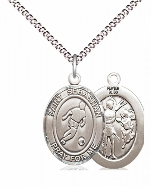 Boy's Pewter Oval St. Sebastian Soccer Medal - 18&quot; Rhodium Plated Medium Chain + Clasp