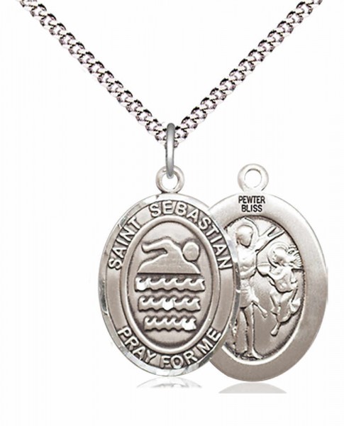 Boy's Pewter Oval St. Sebastian Swimming Medal - 18&quot; Rhodium Plated Medium Chain + Clasp