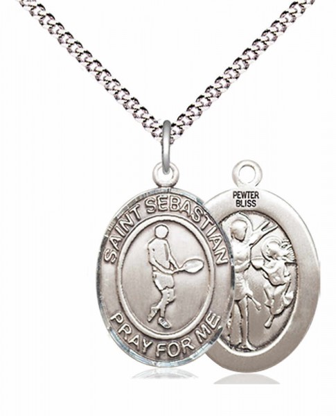 Boy's Pewter Oval St. Sebastian Tennis Medal - 18&quot; Rhodium Plated Medium Chain + Clasp
