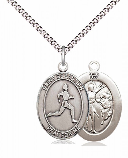 Boy's Pewter Oval St. Sebastian Track and Field Medal - 18&quot; Rhodium Plated Medium Chain + Clasp