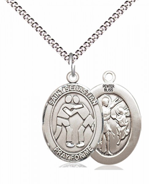 Boy's Pewter Oval St. Sebastian Wrestling Medal - 18&quot; Rhodium Plated Medium Chain + Clasp