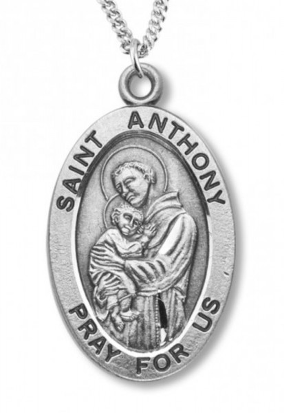 Boy's Saint Anthony Necklace Oval Sterling Silver with Chain - 20&quot; 2.2mm Stainless Steel Chain with Clasp