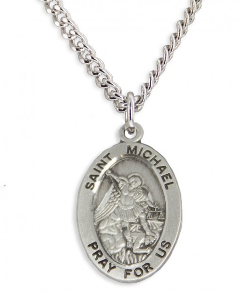 Boy's Saint Michael Necklace Oval Sterling Silver with Chain - 20&quot; 2.2mm Stainless Steel Chain with Clasp