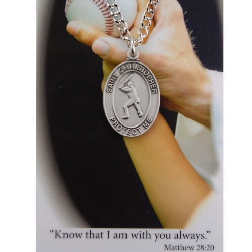 Boy's St. Christopher Baseball Medal 24 Inch Chain Prayer Card - Silver tone