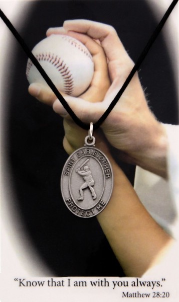 Boy's St. Christopher Baseball Medal with Leather Chain and Prayer Card Set - Single