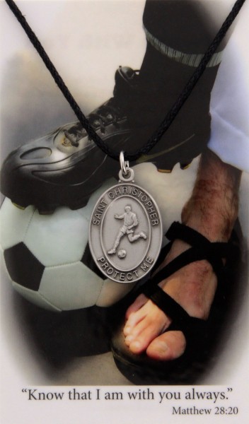Boy's St. Christopher Soccer Medal with Leather Chain and Prayer Card Set - Single