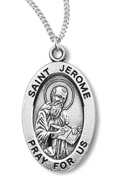 Boy's St. Jerome Necklace Oval Sterling Silver with Chain - 20&quot; 2.2mm Stainless Steel Chain with Clasp