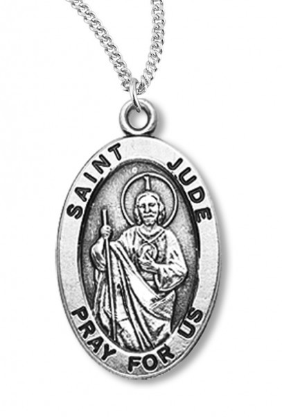 Boy's St. Jude Necklace Oval Sterling Silver with Chain - 18&quot; 2.2mm Stainless Steel Chain + Clasp