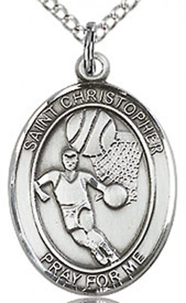 Boy's Sterling Silver Saint Christopher Basketball Oval Medal - 18&quot; 1.2mm Sterling Silver Chain + Clasp