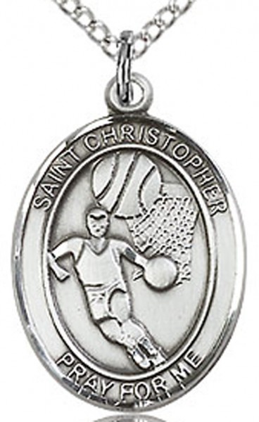 Boy's Sterling Silver Saint Christopher Basketball Oval Medal - 18&quot; Lite Rhodium Plate Chain + Clasp