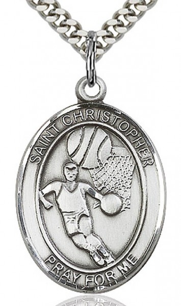 Boy's Sterling Silver Saint Christopher Basketball Oval Medal - 18&quot; 2.1mm Rhodium Plate Chain + Clasp