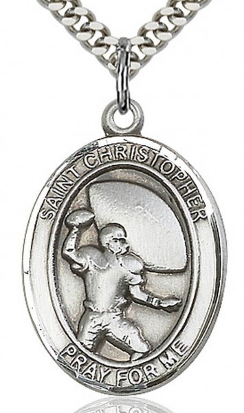 Boy's Sterling Silver Saint Christopher Football Medal - 18&quot; 2.1mm Rhodium Plate Chain + Clasp