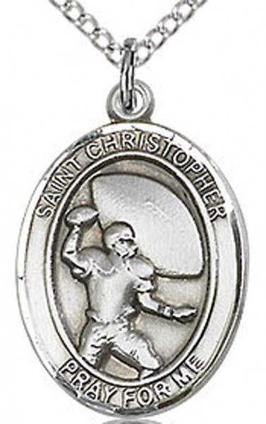 Boy's Sterling Silver Saint Christopher Football Medal - 18&quot; Lite Rhodium Plate Chain + Clasp