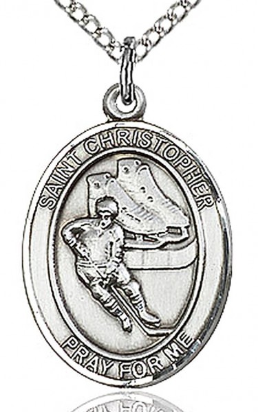 Boy's Sterling Silver Saint Christopher Hockey Medal - 18&quot; 1.2mm Sterling Silver Chain + Clasp