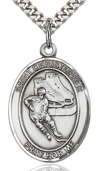 Boy's Sterling Silver Saint Christopher Hockey Medal - 18&quot; 2.1mm Rhodium Plate Chain + Clasp