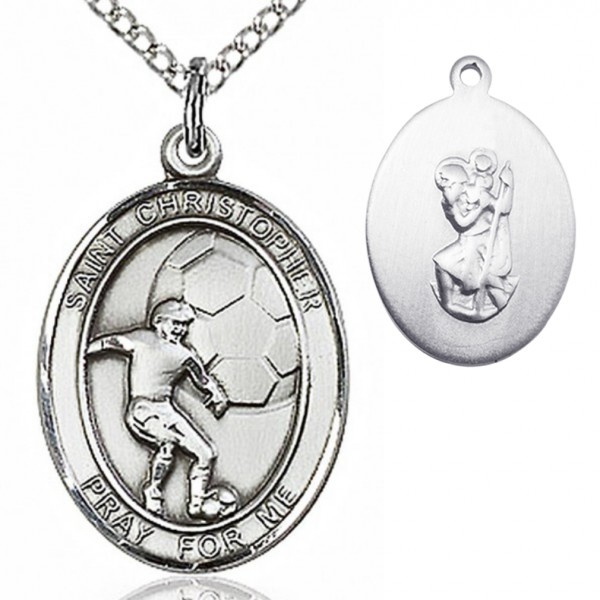 Boy's Sterling Silver Saint Christopher Soccer Medal - 18&quot; 1.2mm Sterling Silver Chain + Clasp