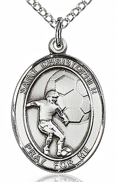 Boy's Sterling Silver Saint Christopher Soccer Medal - 18&quot; Lite Rhodium Plate Chain + Clasp