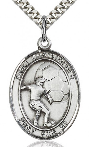 Boy's Sterling Silver Saint Christopher Soccer Medal - 18&quot; 2.1mm Rhodium Plate Chain + Clasp