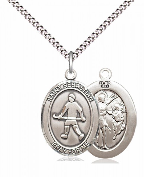 Boys's Pewter Oval St. Sebastian Field Hockey Medal - 18&quot; Rhodium Plated Heavy Chain + Clasp