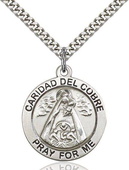 Caridad Del Cobre Medal, Sterling Silver - 24&quot; 2.2mm Sterling Silver Chain + Clasp