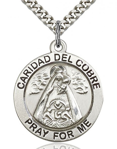 Caridad Del Cobre Medal, Sterling Silver - 24&quot; 2.4mm Rhodium Plate Endless Chain