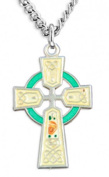 Women's Sterling Silver Celtic Cross Necklace Green Red Enamel Floral Accents with Chain Options - 18&quot; 2.2mm Stainless Steel Chain + Clasp