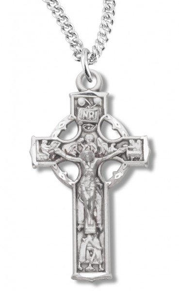 Women's Sterling Silver Celtic Crucifix Necklace with Chain Options - 18&quot; 2.2mm Stainless Steel Chain + Clasp