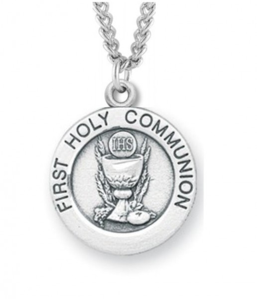 Youth Sterling Silver Round First Communion Necklace with Chain Options - 18&quot; 1.8mm Sterling Silver Chain + Clasp