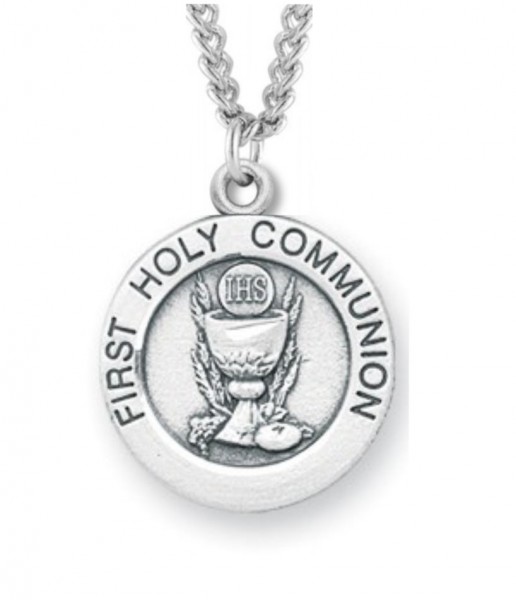 Youth Sterling Silver Round First Communion Necklace with Chain Options - 18&quot; 2.1mm Rhodium Plate Chain + Clasp