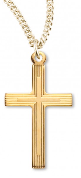 Women's 14kt Gold Plated Slim Line Stripe Etched Cross Necklace + 18 Inch Gold Plated Chain &amp; Clasp - Gold-tone