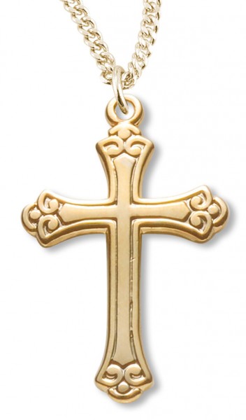 Women's 14kt Gold Plated Small Cross Pendant Fleur De Lis Tips + 18 Inch Gold Plated Chain &amp; Clasp - Gold-tone