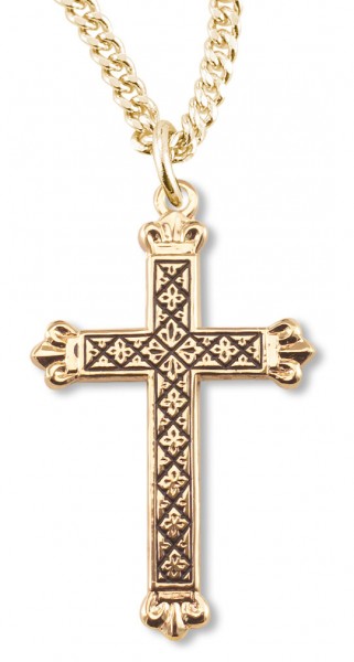 Women's 14kt Gold Plated Blackened Diamond Accent Etched Cross + 18 Inch Gold Plated Chain - Gold-tone